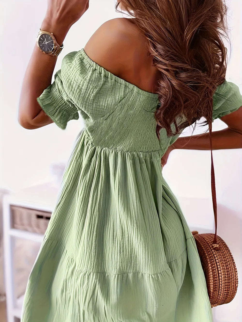 Chic Ruffled Off-Shoulder Short Sleeve Dress with ruched, sheer details, perfect for stylish occasions, by Fashion Boutique.