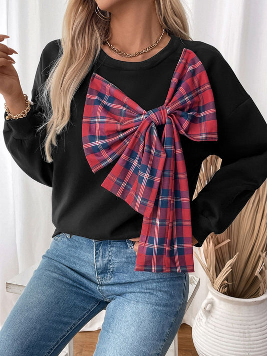 Bow Detail Long Sleeve Sweatshirt with Round Neck