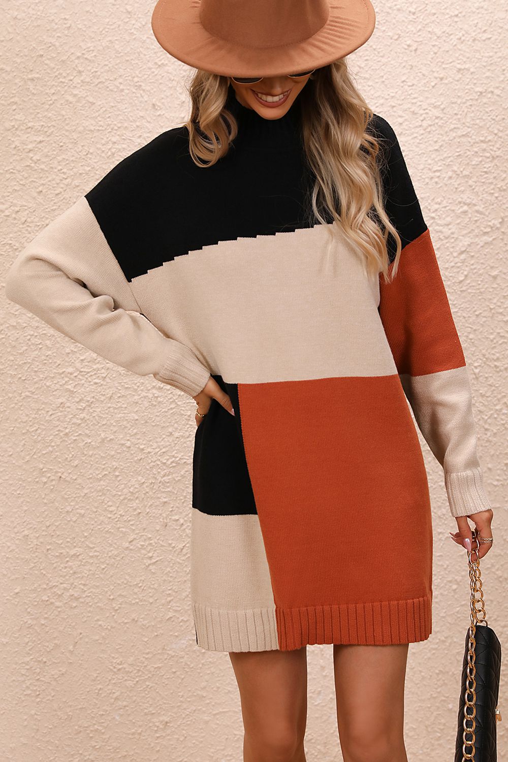 Color Blocked Long Sleeve Mini Sweater Dress with Mock Neck