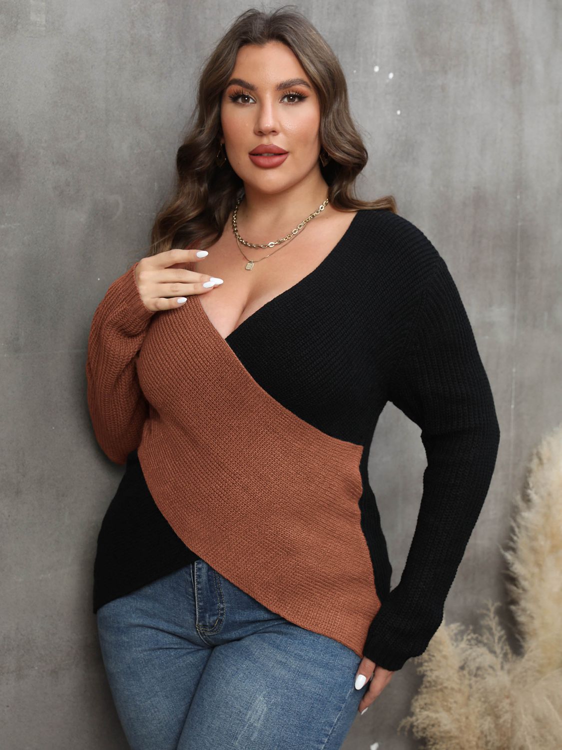 Curvy Colorblock Surplice Neck Sweater