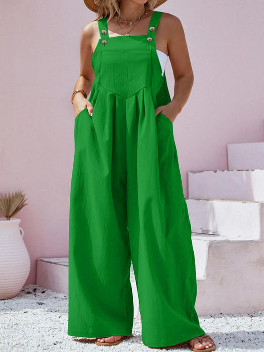 Green Square Neck Wide Leg Overalls with pockets and buttons, styled for casual wear by Max Origin.