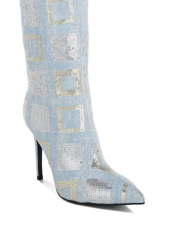 Glamorous Checkered Sequin Knee High Stiletto Boots
