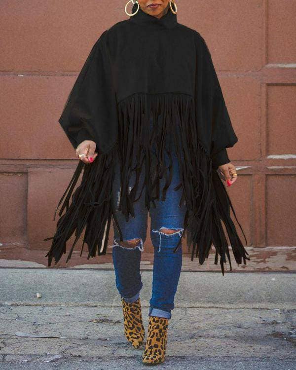 Chic High Neck Blouse with Lantern Sleeves and Tassel Accents