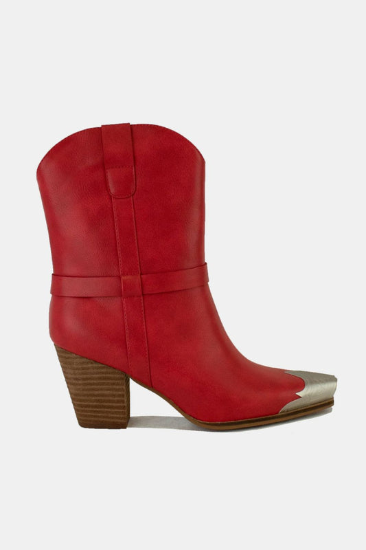 Vegan Leather Western Ankle Boots with Metal Accent