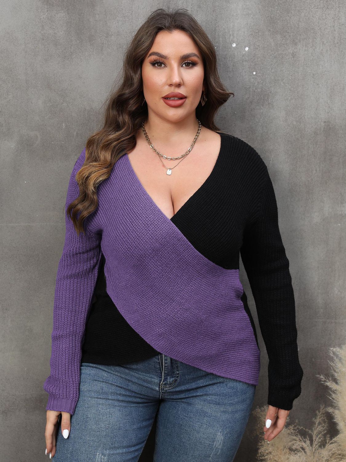 Curvy Colorblock Surplice Neck Sweater