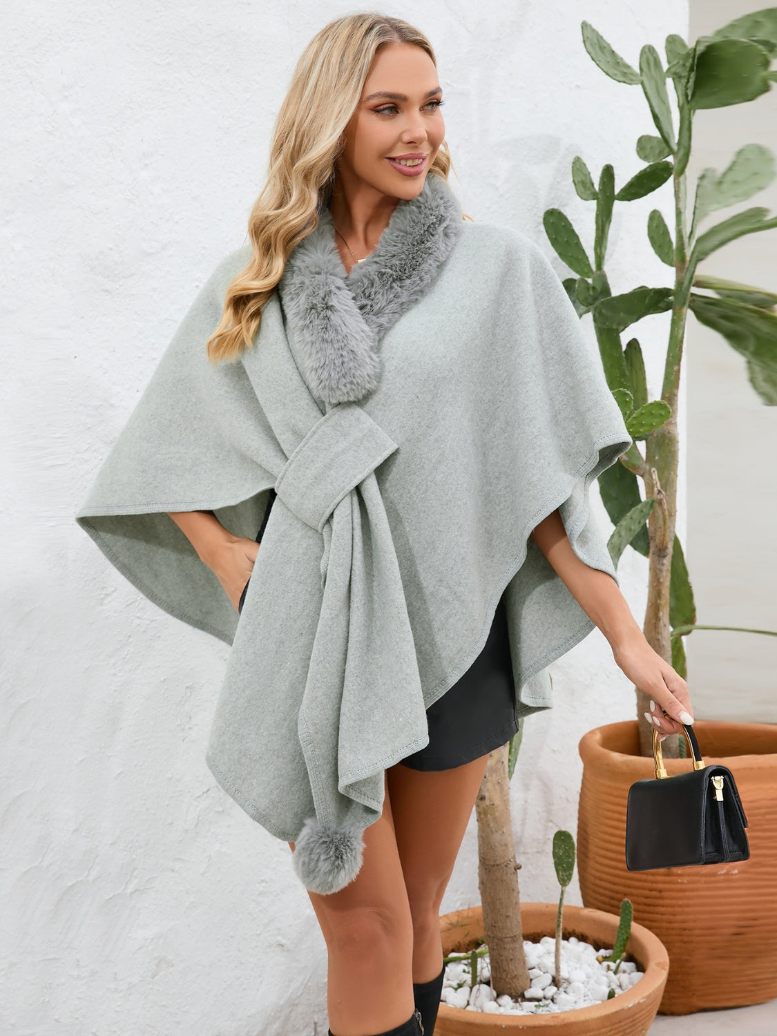 Cozy Fuzzy Trim Open Front Cape