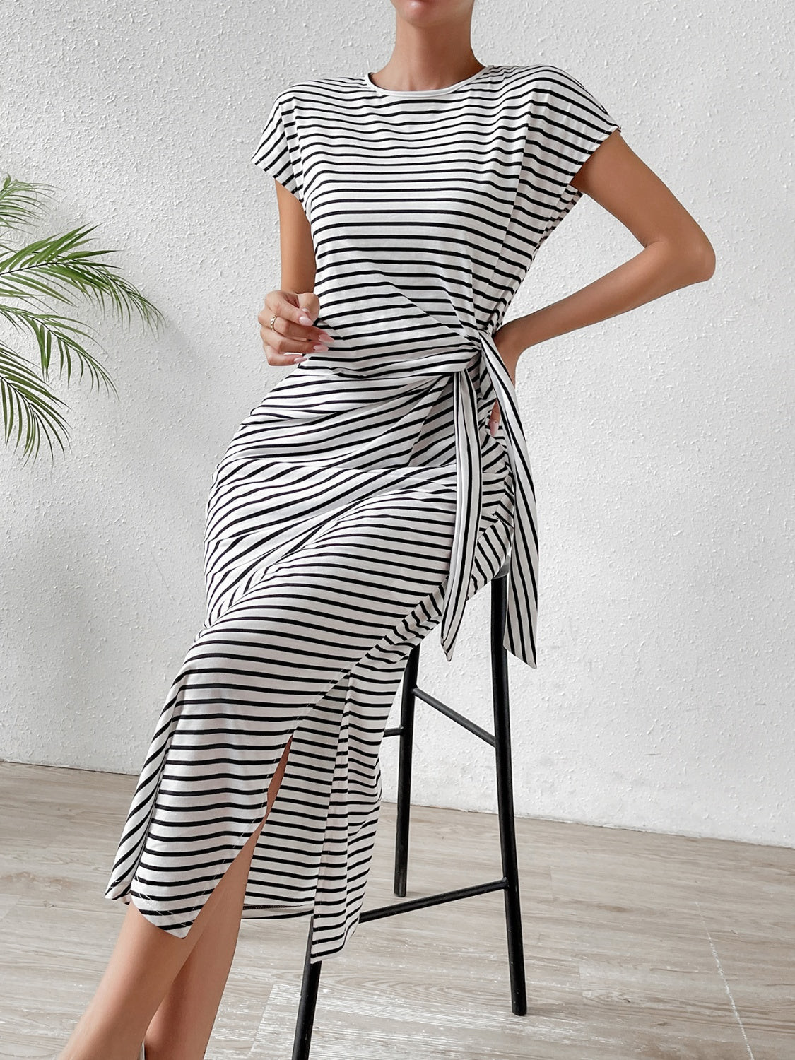 Striped Tie-Front Short Sleeve T-Shirt Dress