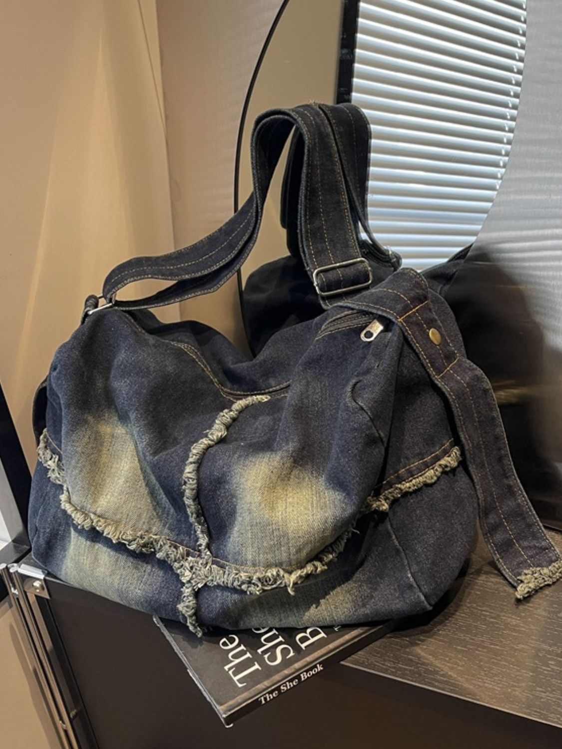Denim Gradient Crossbody Bag with Raw Hem