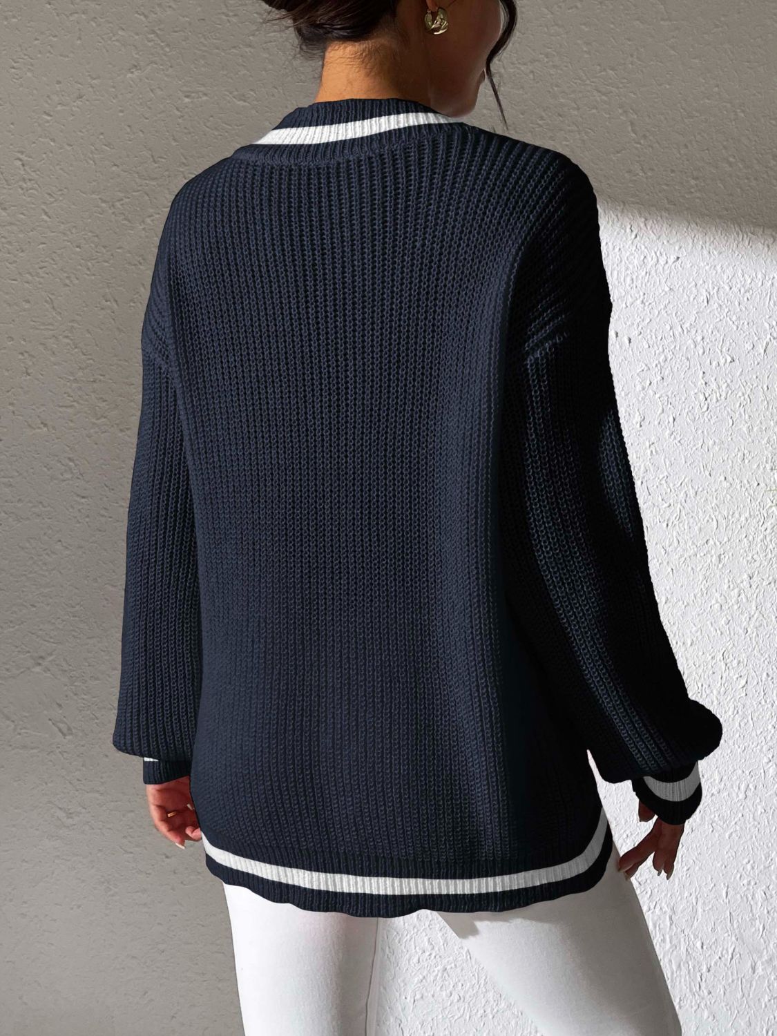 V-Neck Long Sleeve Sweater with Contrast Trim