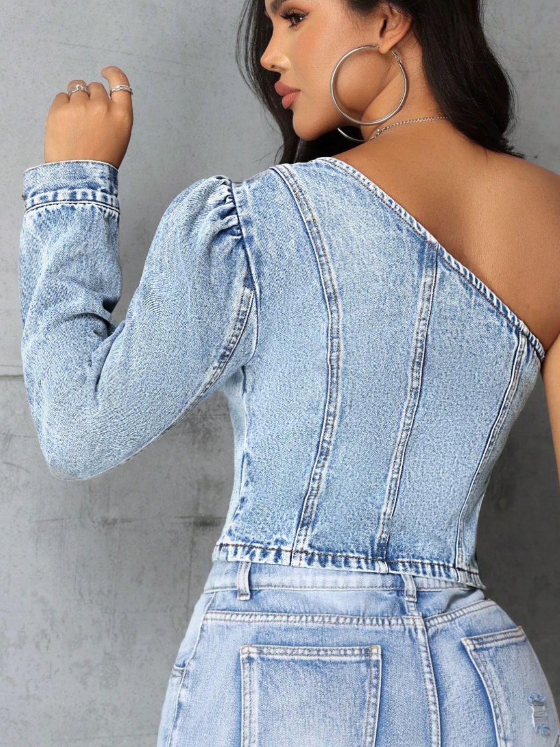 Denim One-Shoulder Top with Long Sleeve