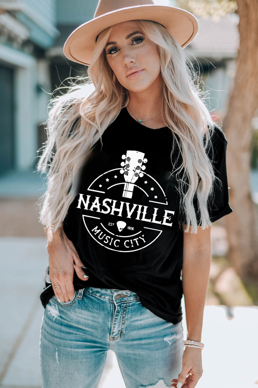 Nashville Music City Graphic Tee Shirt with Cuffed Sleeves