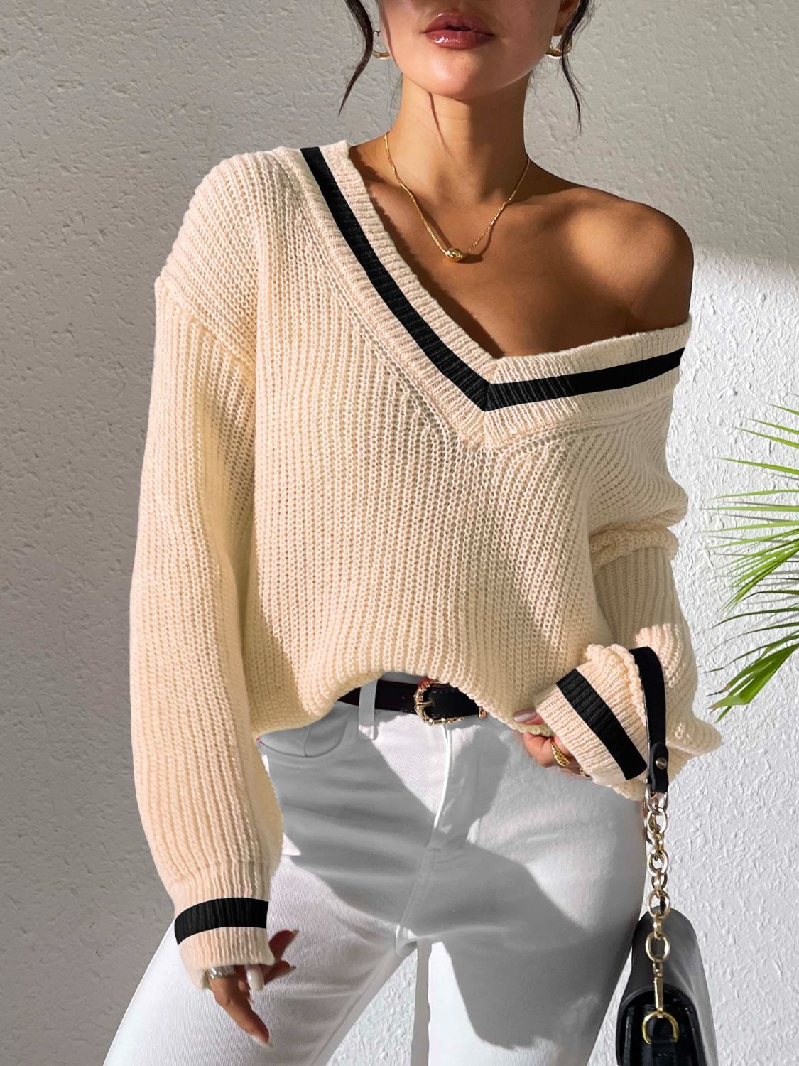 V-Neck Long Sleeve Sweater with Contrast Trim