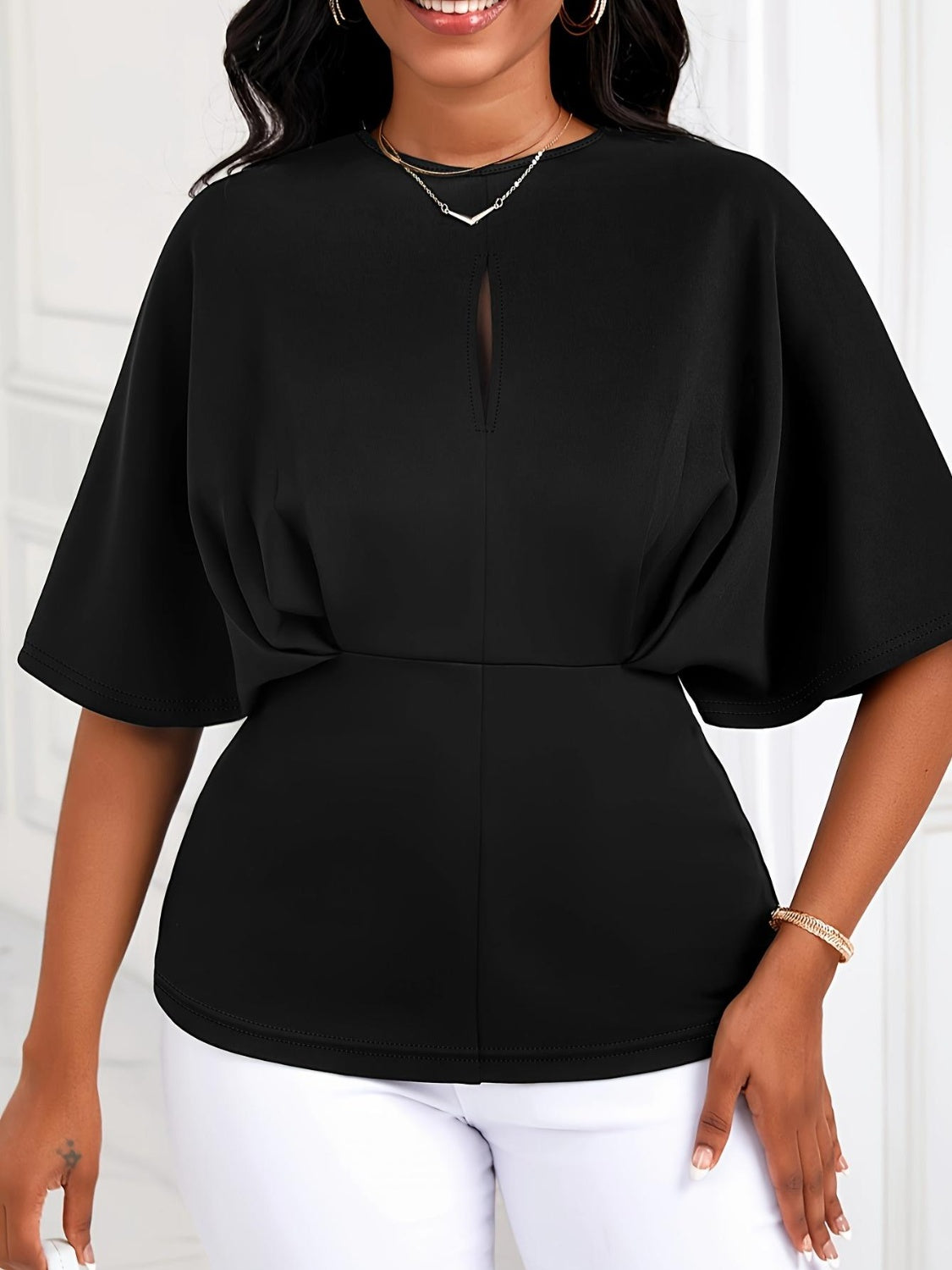 Ruched Round Neck Half Sleeve Top with Sheer Cutout