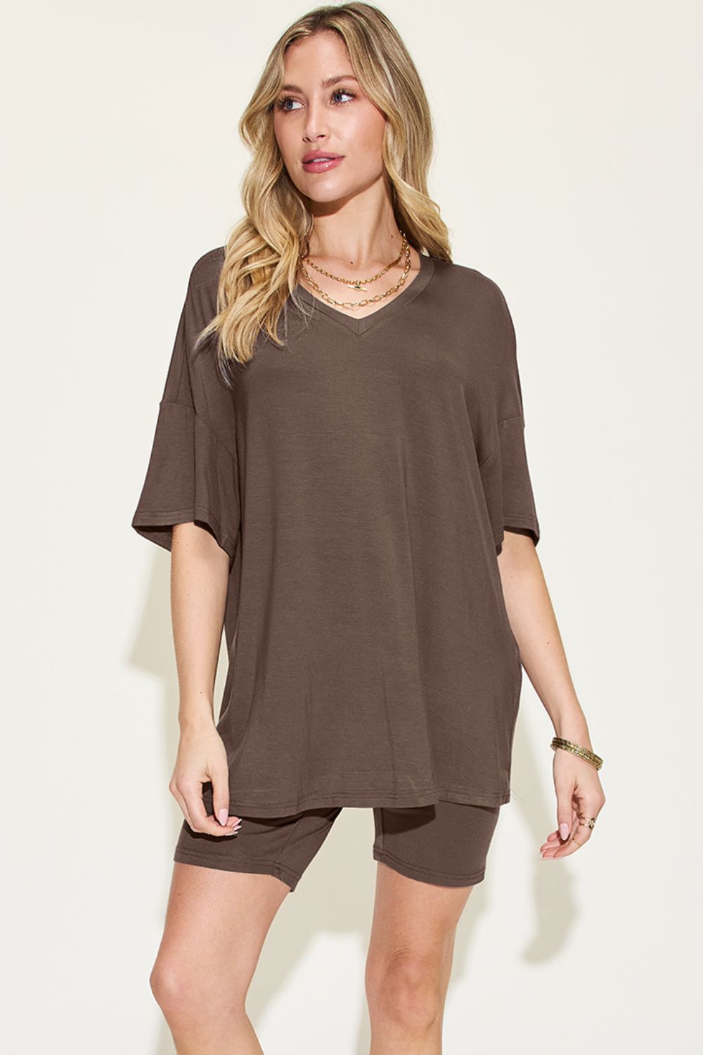 Full Size, V-Neck, Drop Shoulder Short Sleeve T-shirt and Short Set