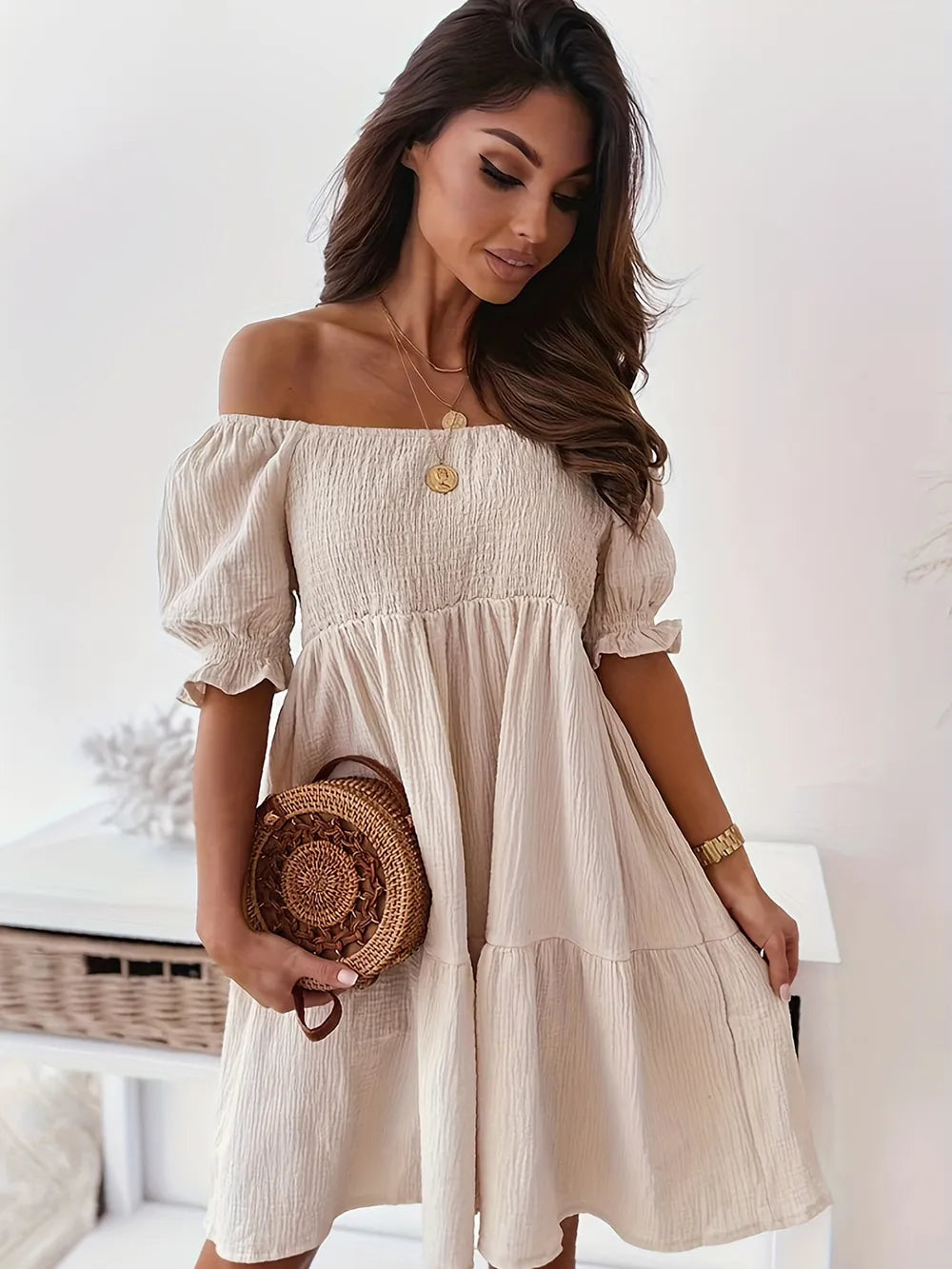 Ruffled Off-Shoulder Short Sleeve Dress from ShopNow features ruched, ruffled sheer fabric, slightly stretchy body, easy care.