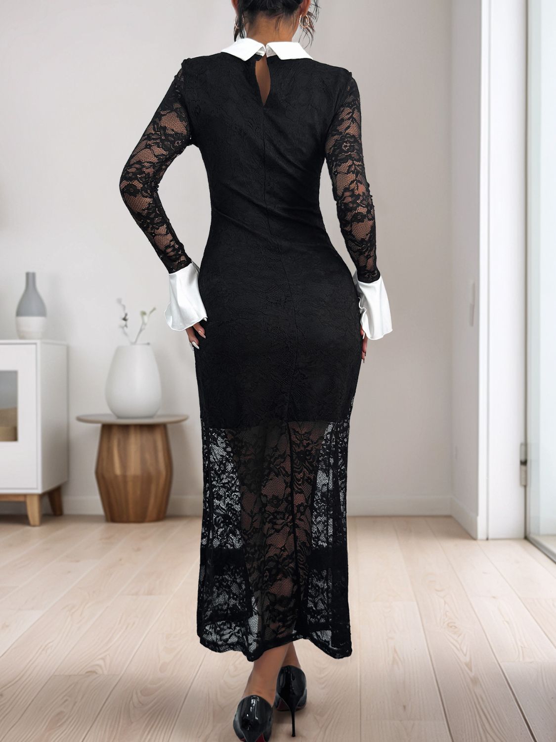 Lace-Trimmed Collared Long Sleeve Midi Dress