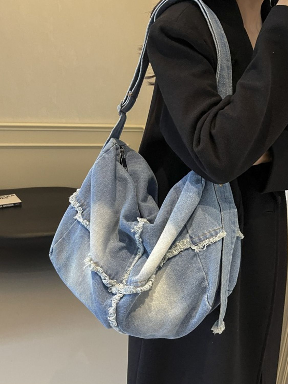 Denim Gradient Crossbody Bag with Raw Hem