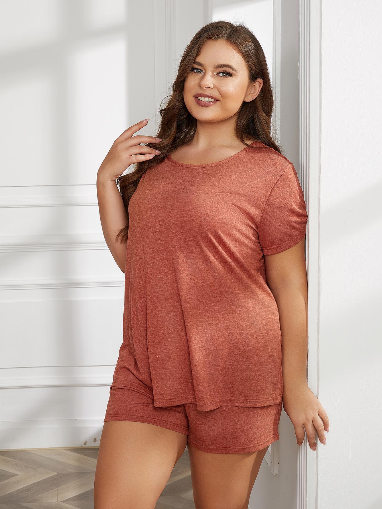 Curvy Girl - Round Neck Short Sleeve Two-Piece Loungewear Set