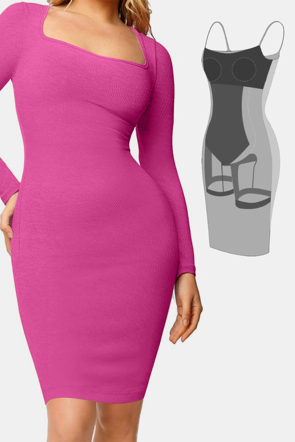 Square Neck Long Sleeve Dress with Integrated Shapewear