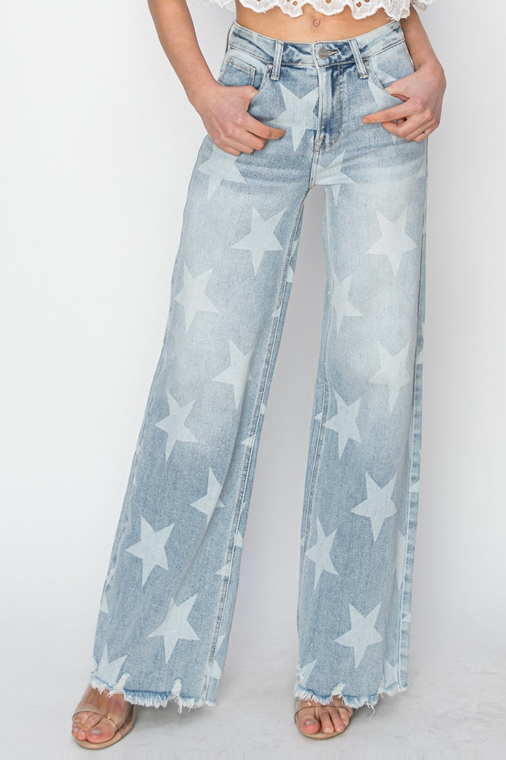 Raw Hem Star Wide Leg Jeans