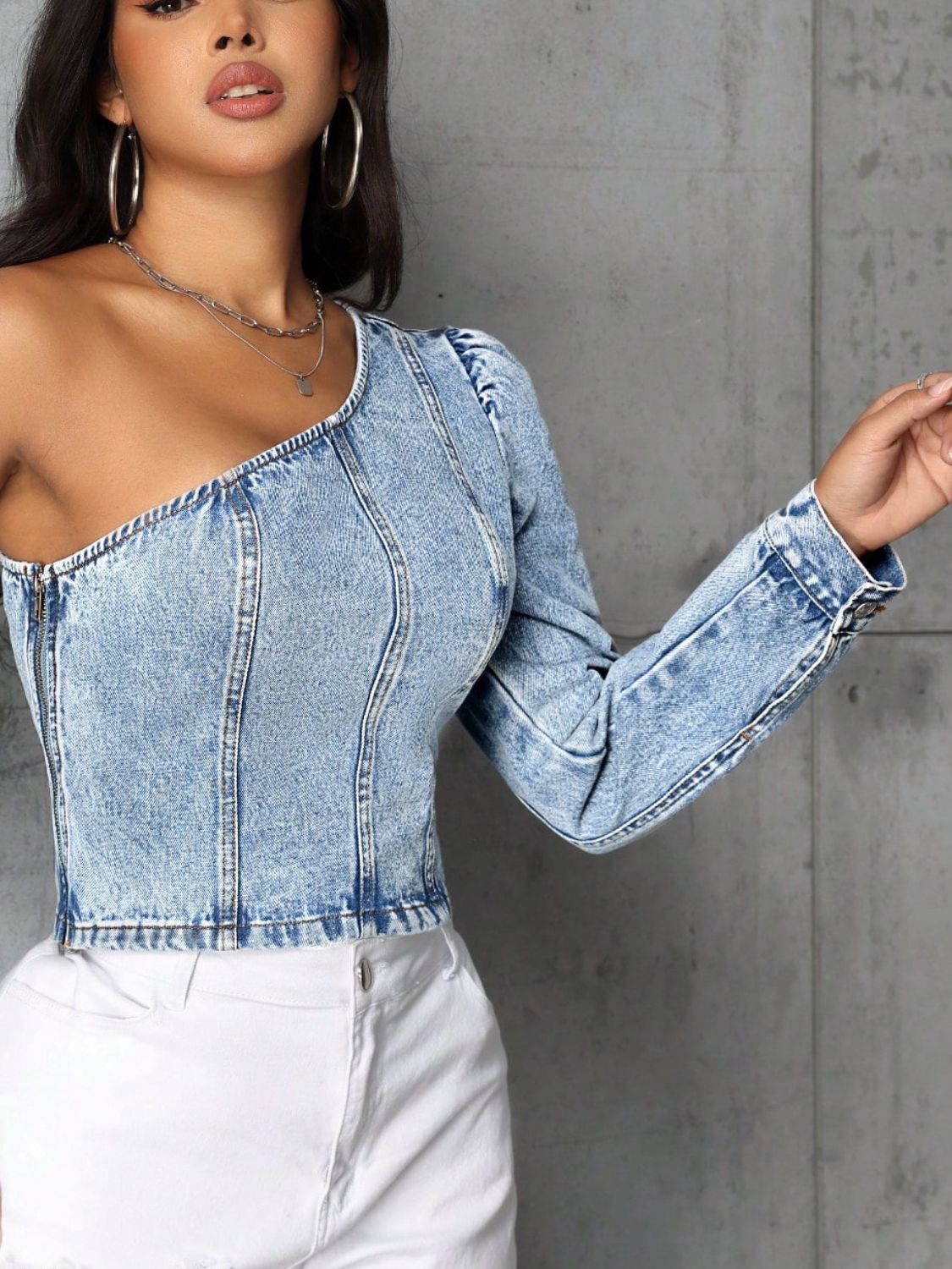 Denim One-Shoulder Top with Long Sleeve