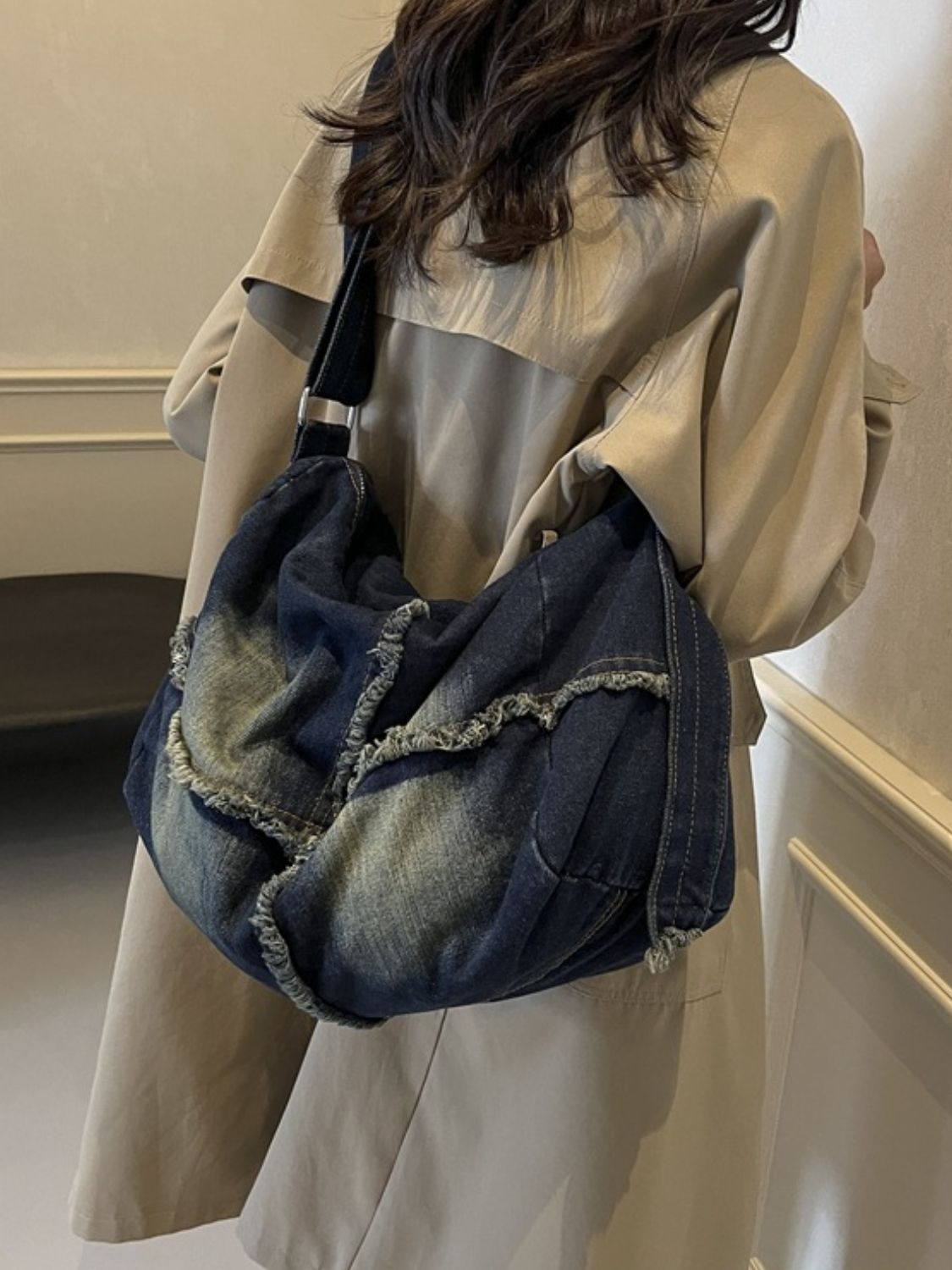Denim Gradient Crossbody Bag with Raw Hem