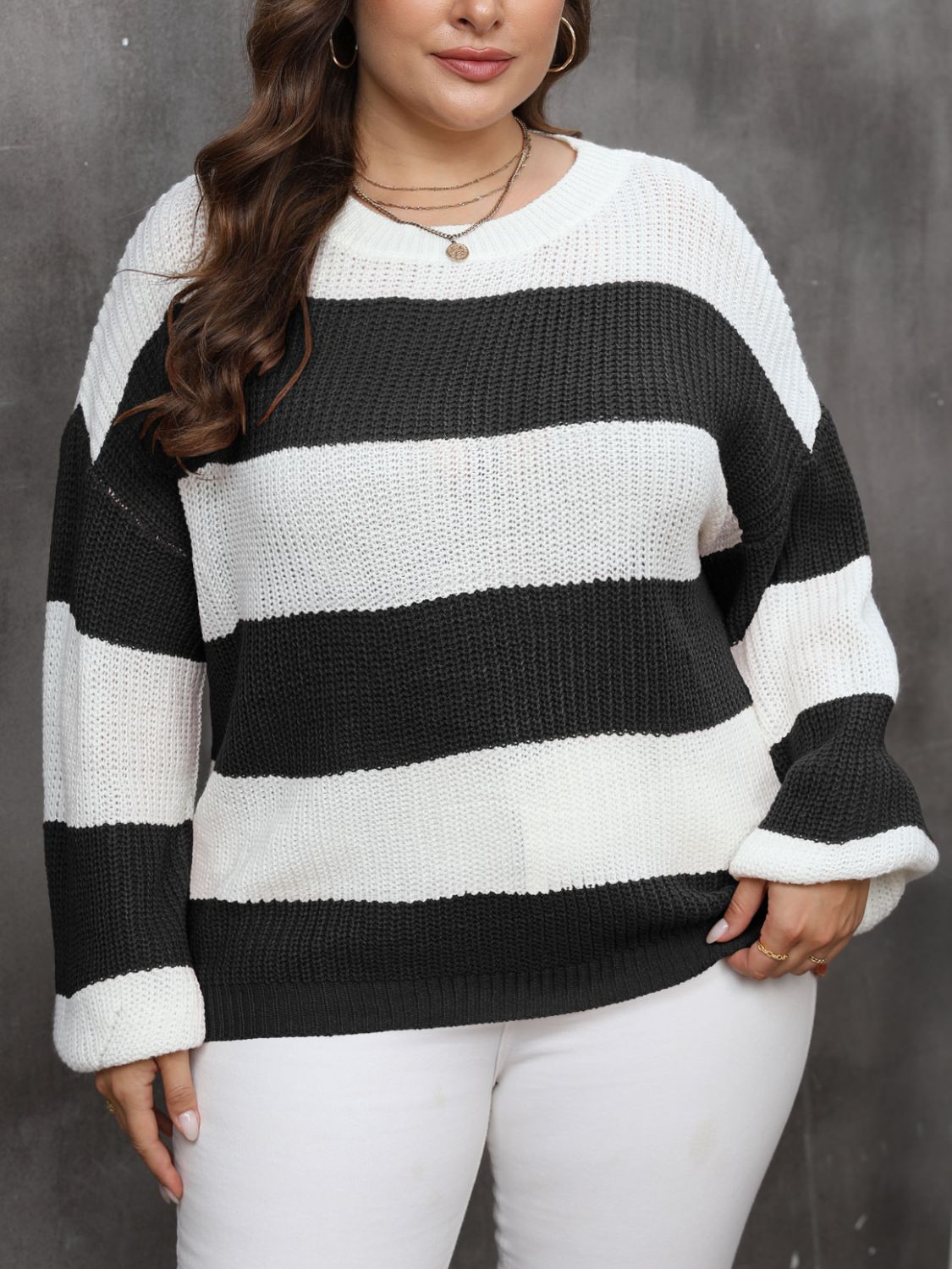 Striped Long Sleeve Acrylic Sweater with Round Neck