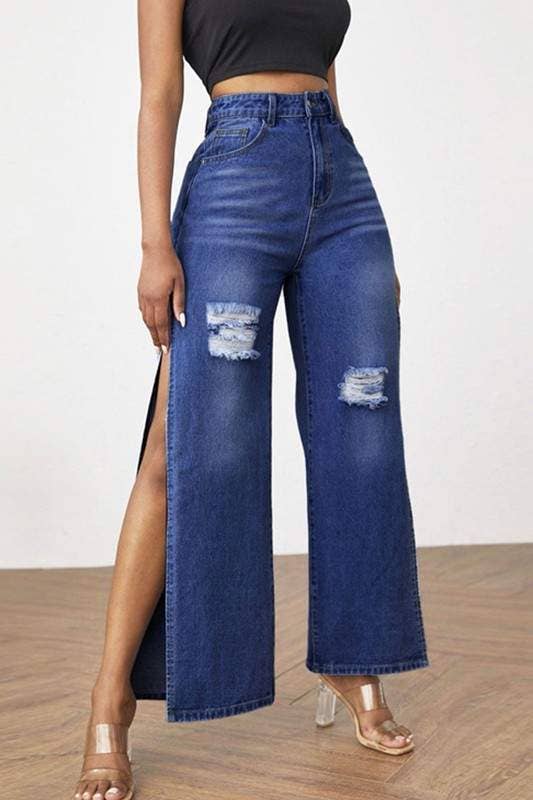 High Rise Distressed Cotton Straight Leg Jeans with Side Splits