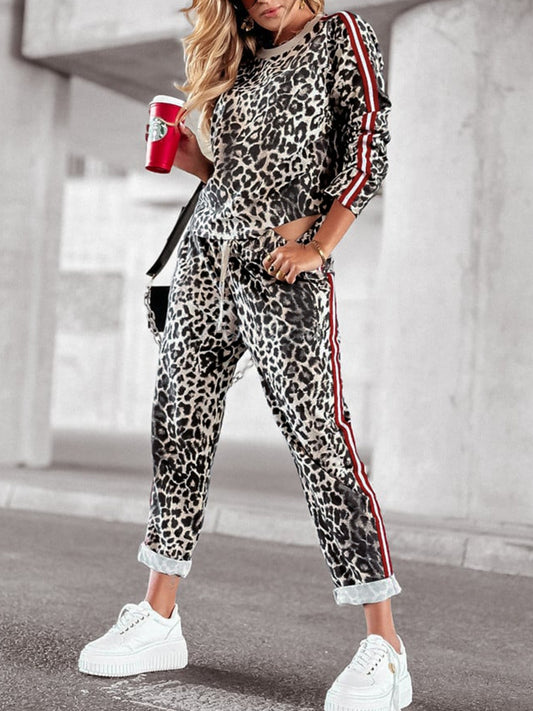 Leopard Print Long Sleeve Top and Pants Set with Pockets