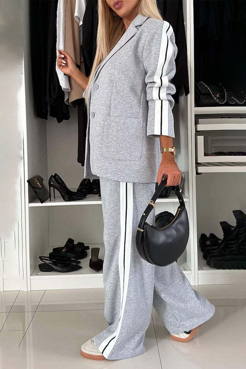 Chic Two-Piece Contrast Lapel Collar Top and Trouser Ensemble