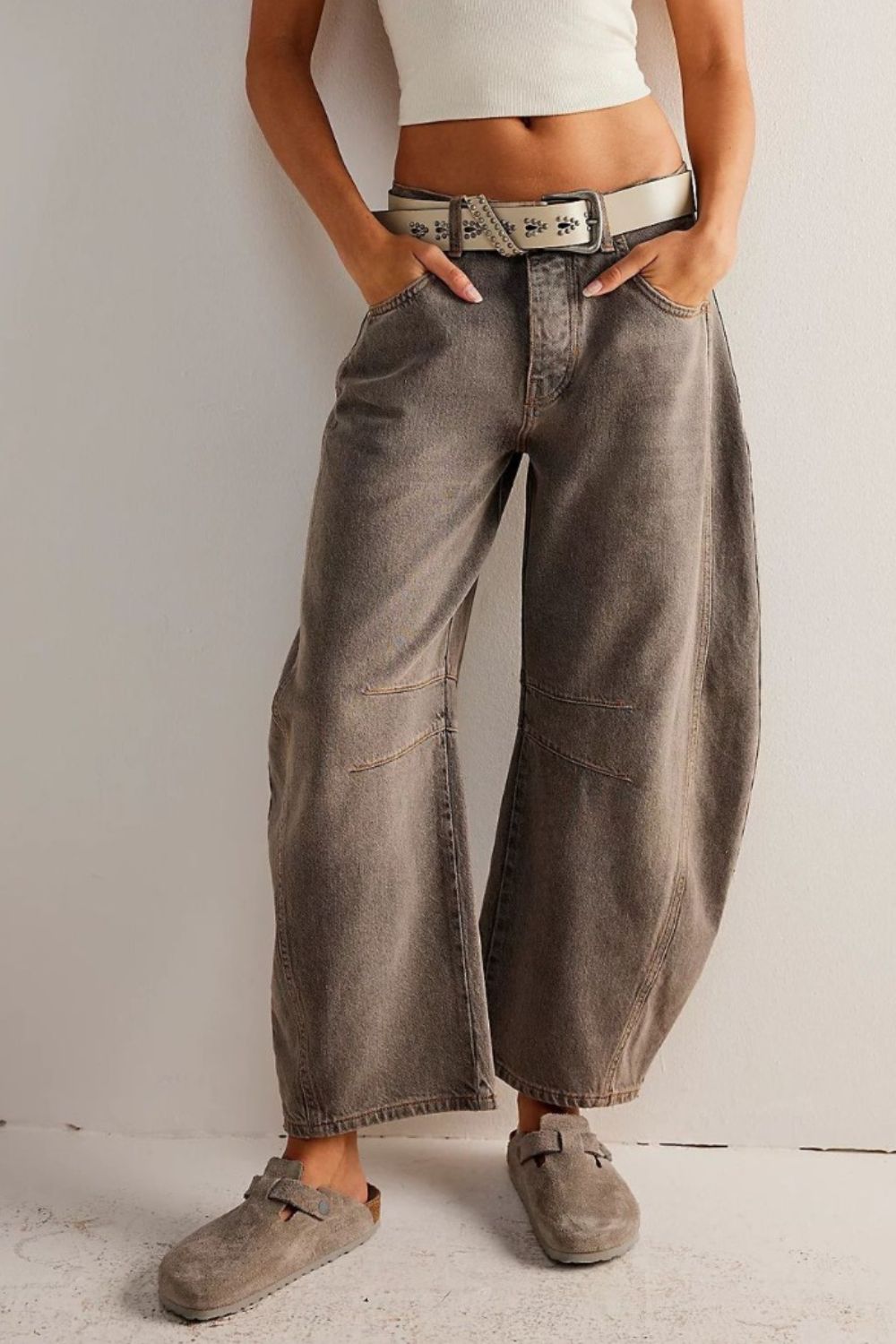 High-Waisted Wide Leg Barrel Jeans with Functional Pockets