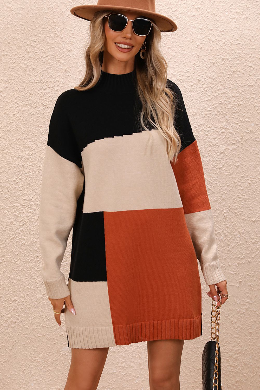 Color Blocked Long Sleeve Mini Sweater Dress with Mock Neck