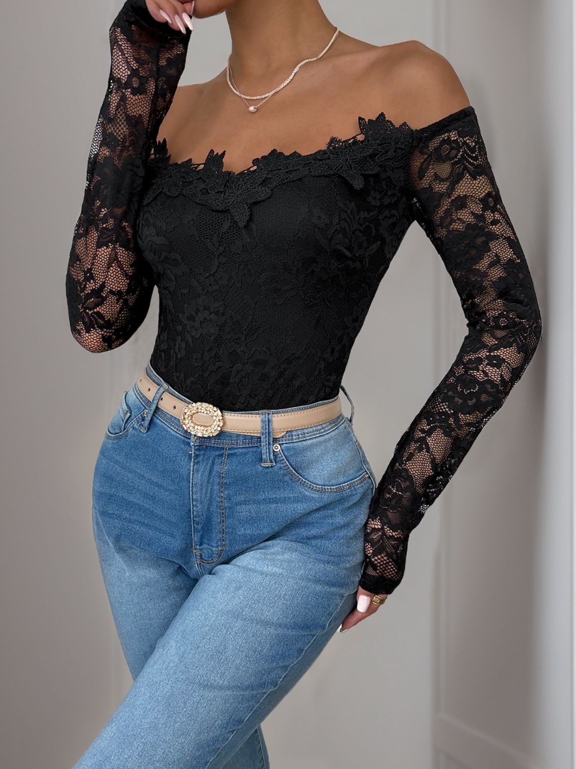 Lace Off-Shoulder Long Sleeve Bodysuit by Perfee