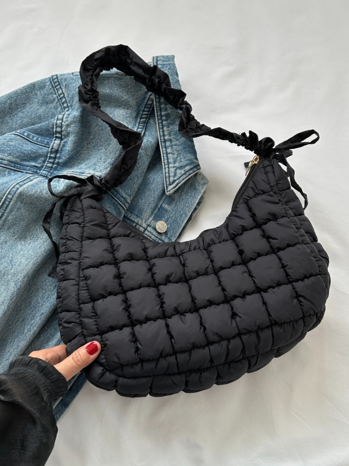 Quilted Bubble Texture Ruched Strap Shoulder Bag