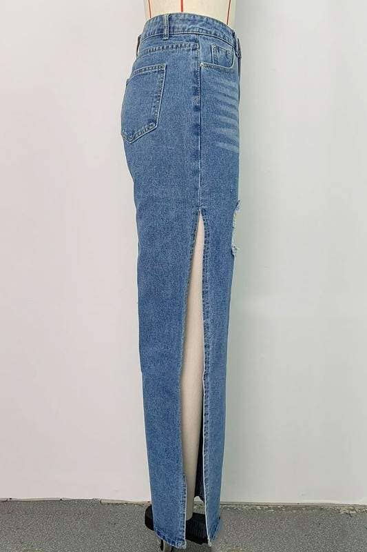 High Rise Distressed Cotton Straight Leg Jeans with Side Splits