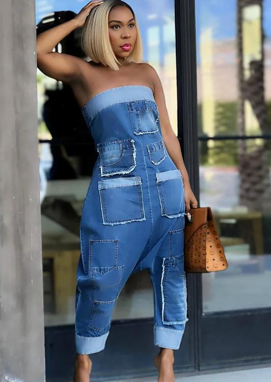 Strapless Denim Harem Jumpsuit: Effortless Fashion and Comfort