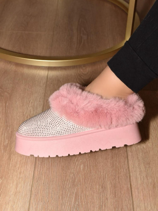 Embellished Faux Fur Platform Ankle Boots
