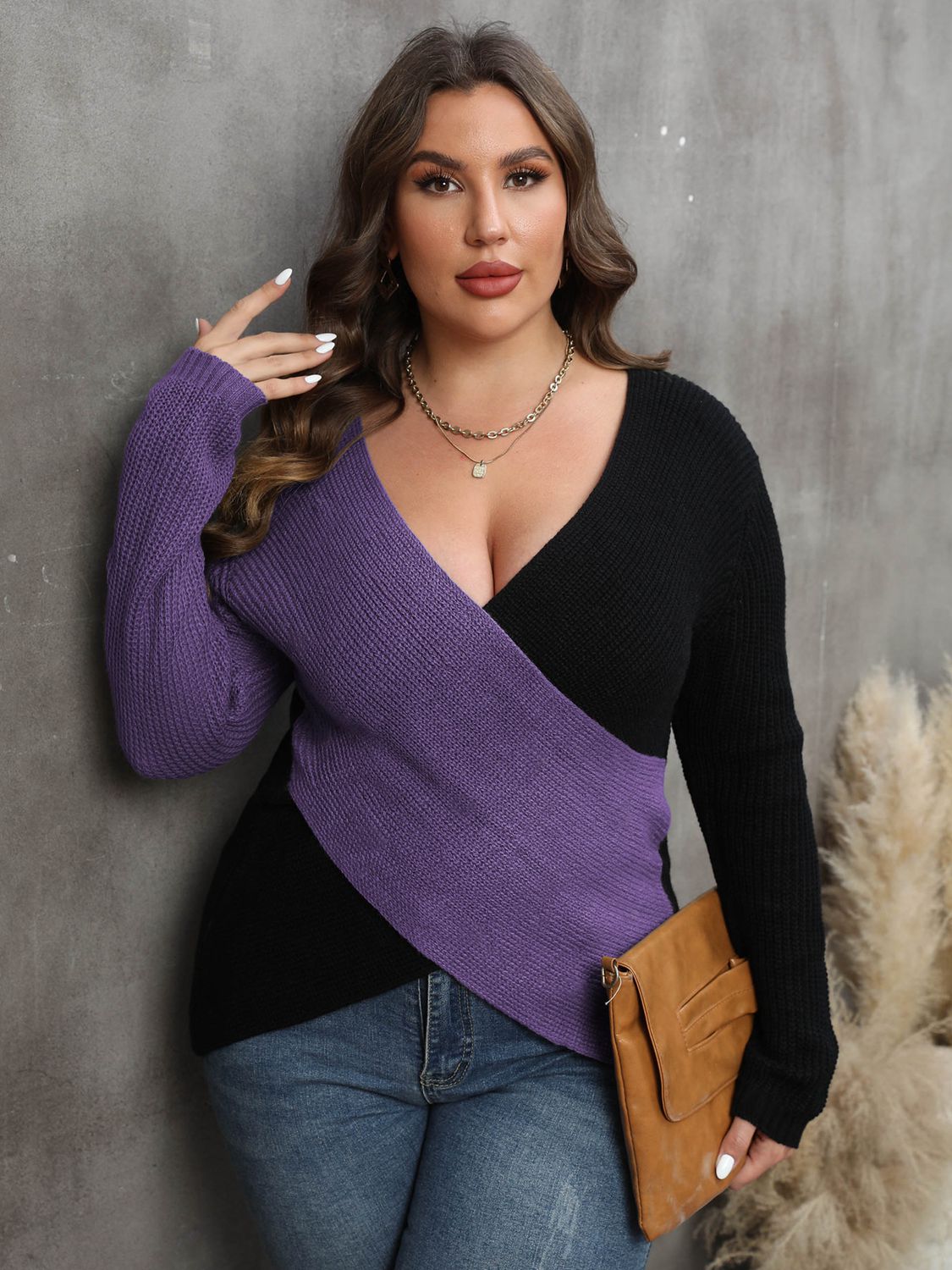 Curvy Colorblock Surplice Neck Sweater