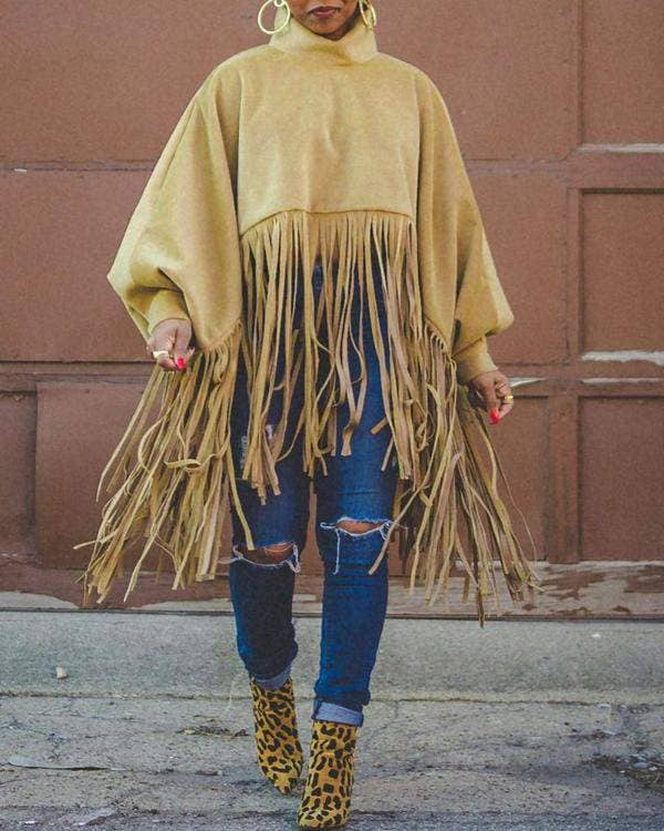 Chic High Neck Blouse with Lantern Sleeves and Tassel Accents