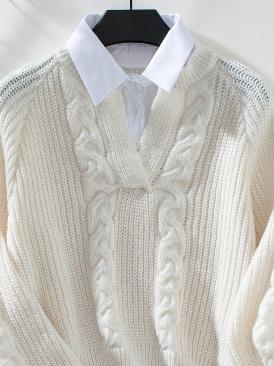 Layered Look Cable-Knit Sweater with Collared Neck