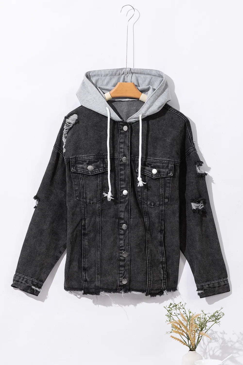 Vintage-Inspired Distressed Hooded Denim Jacket with Drawstring