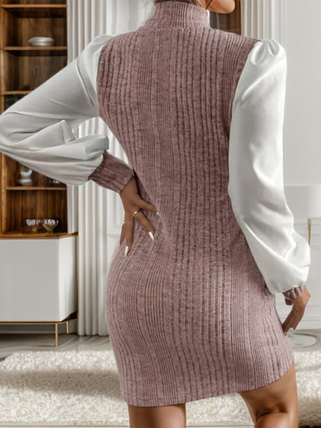 Ribbed Colorblock Long Sleeve Sweater Dress