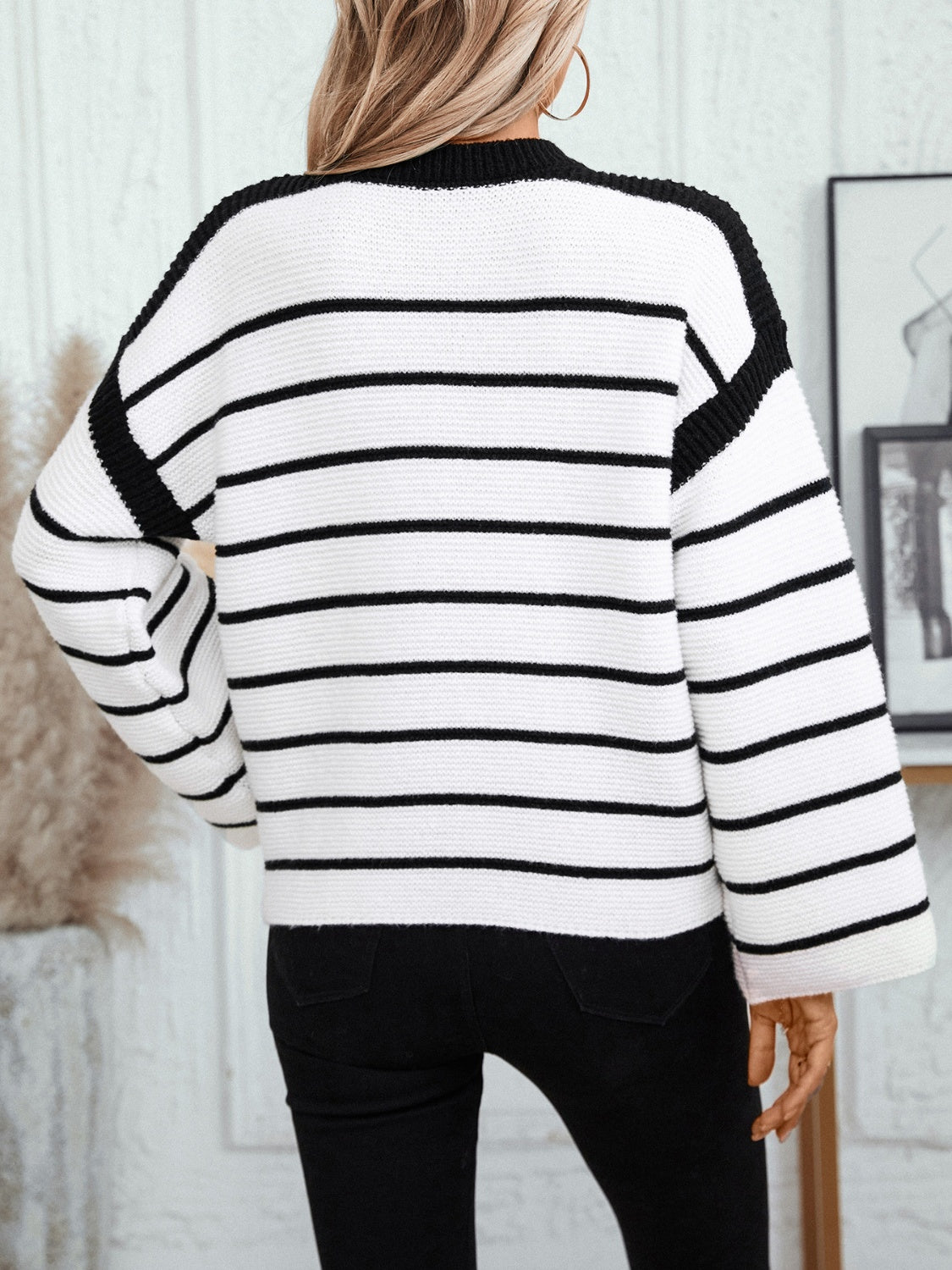 Striped Long Sleeve Sweater with Round Neck