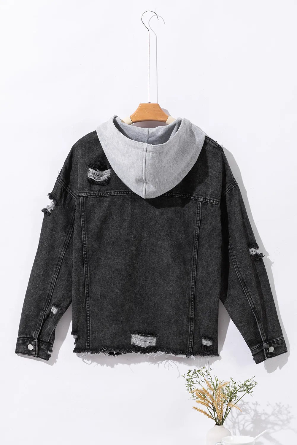 Vintage-Inspired Distressed Hooded Denim Jacket with Drawstring