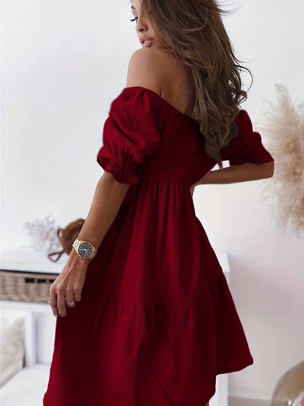 Ruffled Off-Shoulder Short Sleeve Dress from ShopName features ruched, ruffled sheer fabric, slightly stretchy body, perfect for stylish occasions.