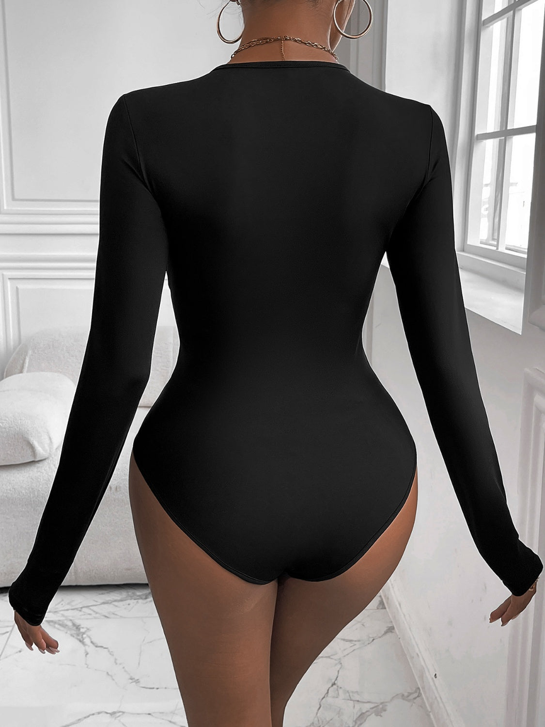 Twisted Sheer Long Sleeve Bodysuit with Round Neck