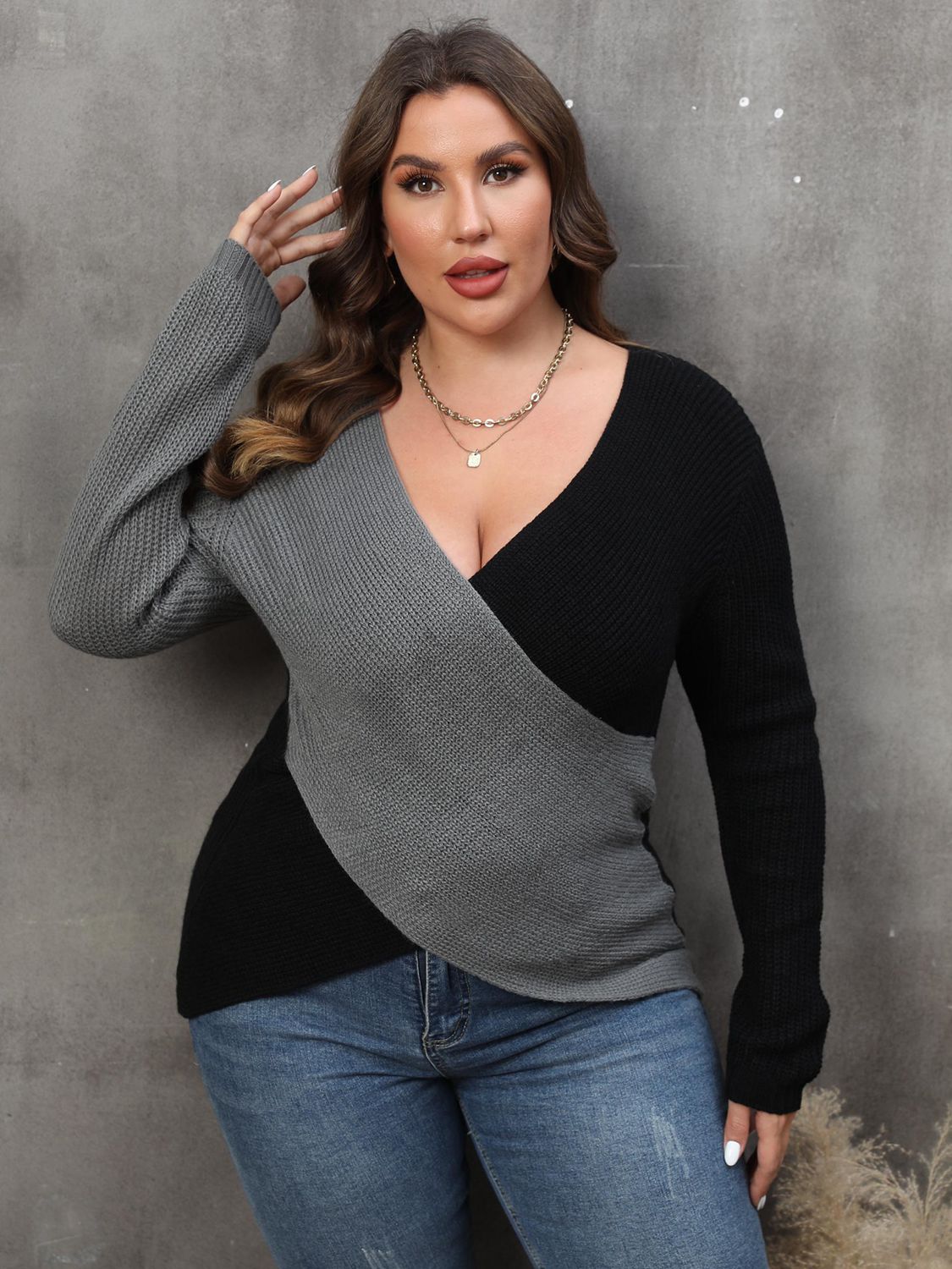 Curvy Colorblock Surplice Neck Sweater