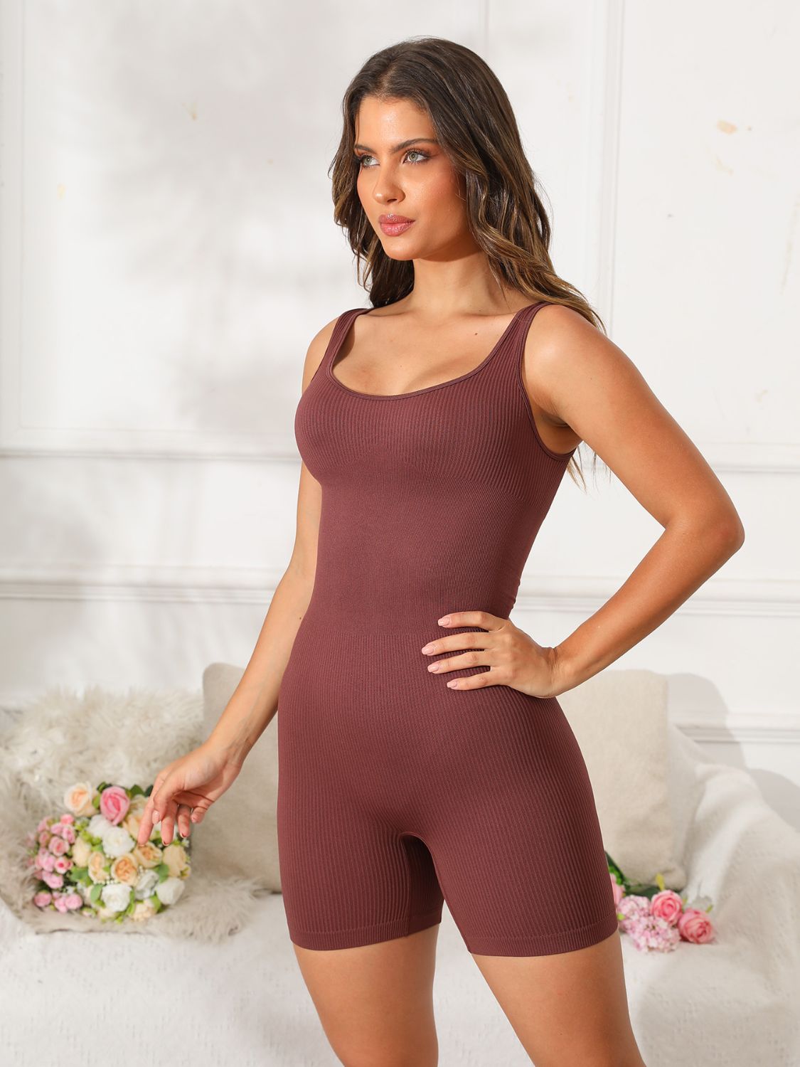 Scoop Neck Wide Strap Stretchy Active Jumpsuit