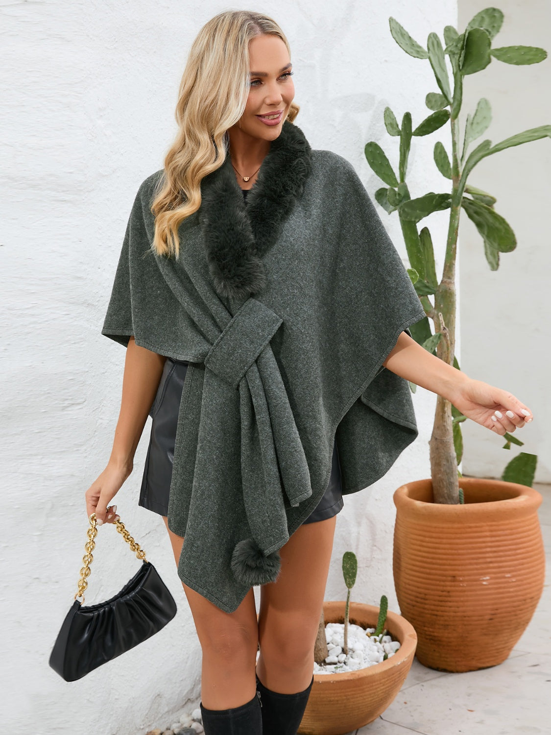 Cozy Fuzzy Trim Open Front Cape