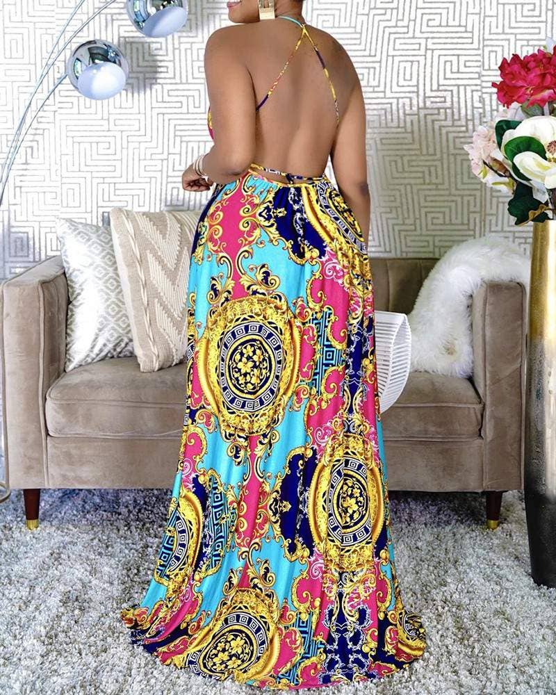 Seductive A-Line Halter Maxi Dress with All-Over Print